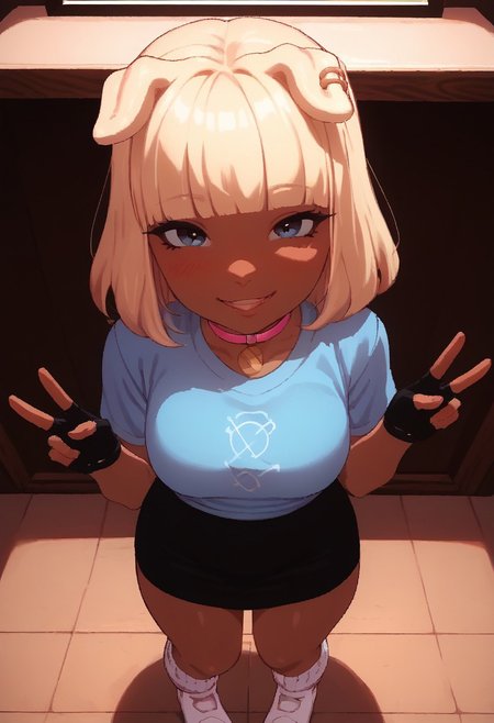 Expressiveh, score_9, score_8_up, score_7_up, score_6_up, score_5_up, score_4_up, godrays, 1girl,doribun, blonde hair, medium hair, blunt bangs, dark skin, dog ears,Blue shirt, White symbol, black skirt, white socks, white shoes, fingerless gloves, black gloves, pink collar,double v, smile at viewer,