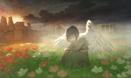 masterpiece, best quality,
1girl,   
solo, Angel, cry, pain, Tears, Post-war ruins, green grassland, rising sun, Dark Cloud, Palestine, flower, real life insert, short hair, portrait \(object\), glasses, plant, flower bed, black hair
 <lora:potgXLlokr4f-000143:0.6> <lora:åºæ°´XLlokr8f-000186:0.6>
