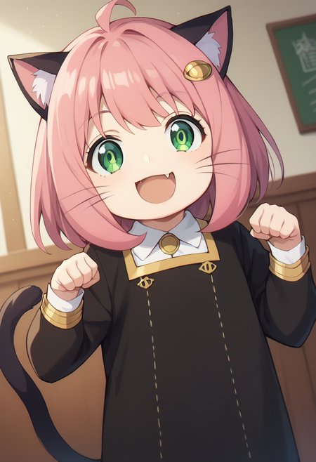 score_9,score_8_up,score_7_up,1girl,<lora:paw-pose-ponyxl-lora-nochekaiser:1>,paw pose,cat ears,cat tail,animal ears,tail,cat girl,open mouth,fang,whiskers,indoors,smile,cowboy shot,dutch angle,looking at viewer,<lora:anya-forger-ponyxl-lora-nochekaiser:1>,anya forger,bangs,green eyes,pink hair,ahoge,hair ornament,hairpods,child,female child,long sleeves,dress,school uniform,socks,black dress,eden academy school uniform,