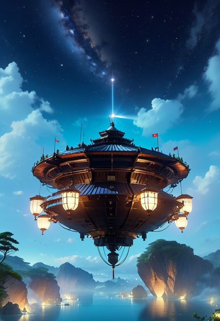 WLOP art style, Ghibli style, outdoors, The island floating in the air, robot metal mechanical machinery, Turn mechanical gears, human, bulding night, meteor star aurora , (low light), top-down view, firefly -ar 9:16, high saturation, high contract