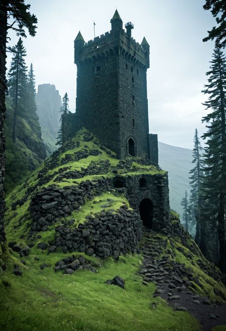<lora:TheWeirdies_epoch_10:0.78>, epiCPhotoGasm-colorfulPhoto  , advntr ,
score_9, score_8_up, score_7_up, score_6_up
Durlag's Tower was a large tower that was said to be haunted by a powerful entity, as well as one that housed immeasurable treasure. ((game of thrones aesthetic)), The fortress was located south of the Wood of Sharp Teeth, a couple of miles from the small settlement of Gullykin. The tower was built entirely of volcanic stone and was in fair condition given the amount of time and neglect involved. It laid atop a volcanic plug that dominated the surrounding lands. Durlag Trollkiller, aided by hired dwarves, was said to have hollowed out the mountain for the rock that made up his tower and used the space created to hide further treasure. This local landmark was the isolated keep of Durlag Trollkiller, son of Bolhur the Clanless, a dwarven hero said to have amassed a large quantity of treasure and stored it here and in a few other locations. This treasure was protected by all manner of magical wards and mechanical traps, the latter of Durlag's own devising. Many adventurers sought his treasure over the decades, with varying degrees of success. Around 1372 DR, rumors said a fiend had taken up residence within the remains of the tower and used the defenses created by Durlag to keep both itself and the treasure safe. Some claimed that this creature was a lich.
no humans
((massively large tower fortress, dark woods surround, built of volcanic stone, mountain, dark))