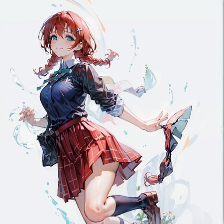 (((masterpiece))), ((best quality)), ultra high res, detailed, 
<lora:emmaverde:0.9>
1 girl, blue eyes, red hair, twin braids,