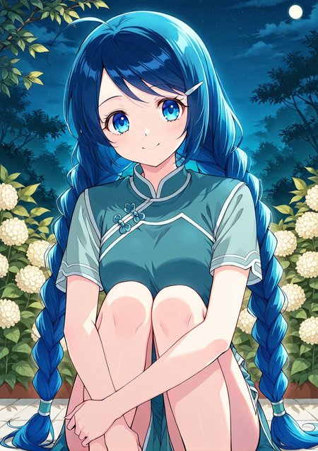 <lora:Ling-Er__Battle_Through_the_Heavens__Illustrious:1>
1 girl, solo, blue eyes, blue hair, braid, twin braids, long hair, ahoge, chinese clothes, short sleeves, hair ornament, hairclip, 
score_9, score_8_up, score_7_up, very aesthetic, source_anime, detailed, high quality, beautiful, detailed eyes, masterpiece, best quality, absurdres, perfect anatomy, 1girl, solo, hugging your own legs, sitting, garden background, charming smile, night