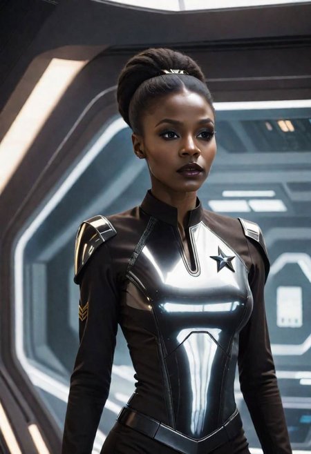 a waist-up photograph of a dark skinned woman wearing <mirroruni> in black, black star trek uniform, looking sideways towards the camera, long black hair, big brown eyes, standing in a futuristic spaceship, in front of a window showing space in the background, cowboy shot