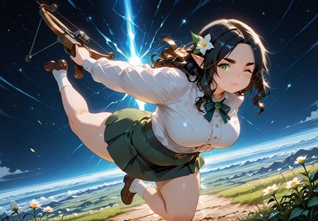 IllusP0s, PonyScores7, source_anime, ah1, IllustriousQual, interesting, exciting, spectacular, wonderful, amazing quality, absolutely eye-catching, 
BREAK <lora:xl_more_art-full_v1:0.2>, <lora:aesthetic_anime_v1s:0.2>, <lora:EpicF4nta5yXL:0.2>, <lora:detailxl:0.2>, detailxl, <lora:Fant5yP0ny:0.2>, amazing quality, best aesthetic, absurdres, illustration, Volumetric_Lighting, ultra-detailed, very aesthetic, intricate details, best_quality,  lazympos, <lora:Add_Details_v1.2:0.4>, <lora:quality_modifiers_masterpieces_v1:0.2>, <lora:ZootPonyAnime_V1_r2:0.2>, <lora:Bestifacator2:0.2>, anime style,
BREAK ((((Balancing:1.2) on one leg with arms extended outward, head held neutral, and torso upright, maintaining perfect equilibrium in a graceful, poised manner))), <lora:DynamicPoseIL2att_alpha1.0_rank4_noxattn_900steps:0.8>, dynamic pose, foreshortening, extreme perspective,
BREAK Stable_Yogis_PDXL_Positives, AS-Adult, <lora:Complicated fantasy portrait - XL Pony V2.0:0.2>, bad-hands-5, <lora:HDA_Detailer:0.3>, <lora:natsumi_style:0.2>, <lora:by_usakun-pony:0.2>, by usakun, <lora:Akina_Bbw_Style_-_PonyXL:0.2>, AkinBw, (((Ground level, (from back), focus on waist))),
BREAK 1girl, mature female, (curvy), round-chin, caucasian, <lora:ETO_OC_Illustrius:0.5>, eto_oc, skindentation, (plump), thick thighs, wide hips, busty, voluptuous, <lora:plussizegirls_IL:0.3>, <lora:plussizegirls_pony:0.3>, <lora:Venus body IXLS3_alpha16.0_rank32_full_last:0.3>, <lora:shinyskin2:0.2>, glistening skin, HDA_FatGirlXL, round ass, large breasts, <lora:perfection style:0.2>, perfection style, perfection,
BREAK ((<lora:GCLire:0.8>, GCLire, pointy ears, elf, green clothes, skirt, bow, crossbow, archer, flower on hair, ornamental bow)),
BREAK (curly hair), long hair, (black hair:1.4), (parted hair:1.7), messy hair, kinky curls, <lora:hairdetailpxl:0.2>, hairdetailpxl,
BREAK (half green and brown eyes), (colorful eyes), (multicolored eyes), (downturned eyes:1.4), expressive eyes, <lora:perfect-eyes:0.4>, perfecteyes, EyesHD, (round face:1.2), (thick eyebrows:1.3), (plump face), <lora:Round_face:0.2>, lips, <lora:DetailedEyes_xl_bdsqlsz_V1:0.2>, <lora:Eyes_Lora_Pony_Perfect_eyes:0.2>, <lora:focusoneyes:0.2>, <lora:cinematic eye color style illustrious v1:0.2>, <lora:fdsf:0.2> HDEYES, <lora:eyes_enhancer_V3:0.2>,
BREAK (((wince expression))), <lora:Expressive_H:0.2>, Expressiveh, <lora:Emotional_Anime_Expressions_PonyXL_Concept:0.2>, emotional, <lora:Best_Facial_Expression_LoRA_PONY:0.2>, looking at viewer, <lora:Detailed expressive EXEV style -XL Pony V1.0:0.2>, FaceDetail, <lora:Best_Facial_Expression_Helper_XTREME_ILLU:0.4>, kaogei,
BREAK (((A planet torn asunder, its fragments suspended in space, connected by glowing energy bridges, with rivers and lava cascading into the void))), <lora:Background Detailer - SDXL:0.2>, 4k, 8k, Ultra HD, Masterpiece, Best quality, Detailed background, <lora:Add_more_details_V2_XLpony:0.2>, full_details, <lora:background-type1:0.2>, <lora:AddMicroDetails_Illustrious_v2:0.2>, addmicrodetails, SmoothNoob_Quality, <lora:ani40o_stabilizer_v0.6:0.6>,