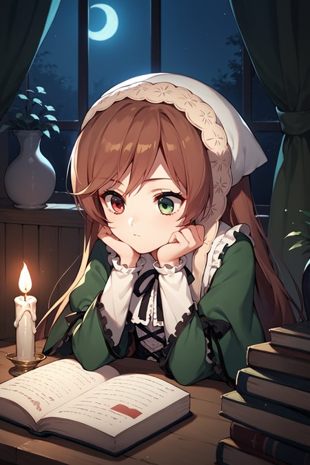 score_9, score_8_up, score_7_up, score_6_up, source_anime, 1girl, <lora:Suiseiseki_pdxl_v1.0:0.95> suiseiseki, bonnet, head scarf, ribbon, green dress, corset, night, dark, dim candlelight, candle, messy study room, many books, grimoire, book stock, head rest, vase