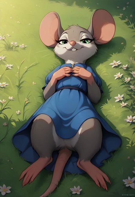 score_9, score_8_up, score_8, solo, (fluffy:), (feral), furry, (((mouse))), woman, green eyes, (gray fur:1.2), claws, (fluffy cheeks:0.7), laying back, j_cartoon, close-up, low angle view, aesthetic, dramatic angle, (blue dress covering crotch), grass, flowers, smile