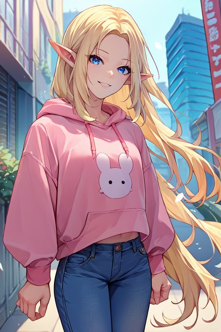 score_9, score_8_up, score_7_up, score_6_up, source_anime, 1girl, solo  <lora:alpha-pdxl-nvwls-v1-000005:1> alpha, blue eyes, blonde hair, pointy ears, pink hoodie, jeans, looking at you, smile, city