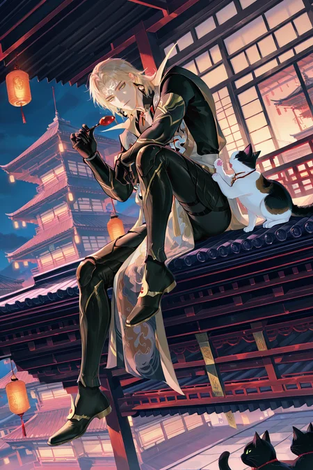 <lora:susanoo-IL:0.8>,susanoo, blonde hair, dishevelled hair, 1boy, male focus, cat, sitting, architecture, east asian architecture, gloves, yellow eyes, solo, holding, lantern, black gloves, forehead mark,bara,male focus,very awa,masterpiece,best quality,amazing quality,nsfw,uncersored,highres,best quality,amazing quality,best aesthetic,absurdres,