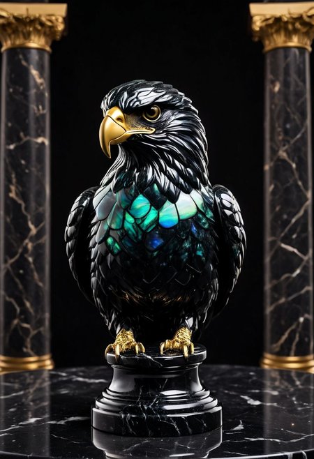 Fujifilm XT3, Sony A7 IV, (award winning photography) a (black: 0.79) marble simple (stylized: 1.49) (anthropomorphic hawk) bust statue made of opal (Kintsugi: 0.89) set on a pedestal in temple, glistening. in the background beautiful pillars, divine (iridescent: 0.79), opalescent textures, volumetric light, ethereal, sparkling, studio photo, highly detailed, sharp focus (highest quality: 1.39) (highest coherency: 1.39) (award winning photography), highly detailed photography, (muted colors, cinematic, dim colors, soothing tones:1.2), vibrant, insanely detailed, hyperdetailed, (dark shot:1.2), (vsco:0.3), (intricate details:0.9), (hdr, hyperdetailed:1.2) (vignette), sss, raw photo, fijifilm, kodak, cinematic film grain, mesopotamian, babylonian