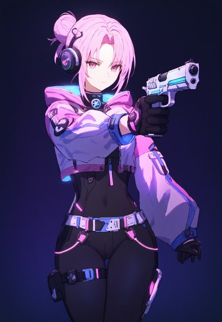 masterpiece, high score, great score, absurdres, V4NGU4RD, weapon, 1girl, gun, solo, holding gun, holding, holding weapon, headphones, hair bun, black bodysuit, gloves, bodysuit, handgun, single hair bun, hair ornament, cyberpunk, hooded jacket, belt, hood down, Vanguard Breeches of Scouting, vanguard bolero, pink theme, Neon, glowing