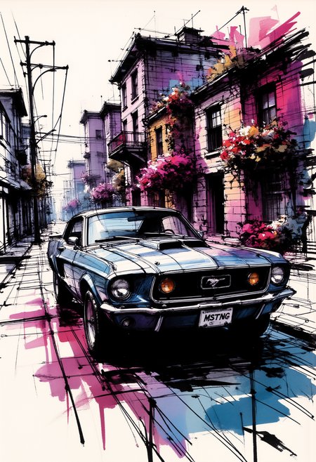 loose vector sketch of a classic American mustang muscle car with licence plate 'MSTNG' written in handwritten font. The car is parked on an empty, gritty urban street. The car is depicted with bold black outlines and colorful intricate details, capturing the powerful, rugged design with a vintage feel. The background features old, run-down buildings adorned by flowers and telephone poles, conveying an industrial and deserted atmosphere and is displayed in ink stains in shades of pink and violet. The illustration combines comic book style elements with ink wash techniques, giving the artwork a raw, expressive feel. Whole image is adorned with faded ink stains and frame.