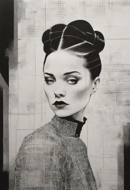 rough crosshatch drawing pop surrealism pop art Lunatic_Portrait of a girl in latex, slick back, low bun, black makeup, tj