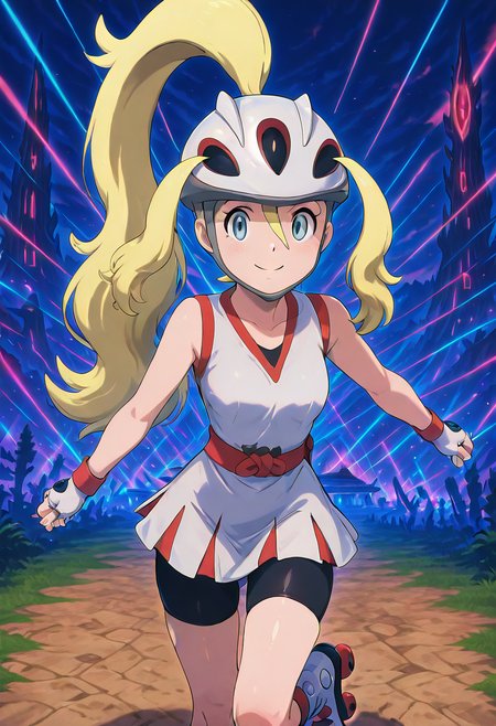 masterpiece, best quality, 1girl, solo, looking at viewer, smile,   zzKorrina, blue eyes, hair between eyes, blonde hair, long hair, ponytail, hair between eyes, two side up, white gloves, fingerless gloves, white dress, bare arms, sleeveless dress, black shorts, short dress, helmet, grass, high ponytail, bike shorts, roller skates, shorts under dress,   <lora:KorrinaPokemon_IXL_v1:1.0>, , smile, looking at viewer, L0rd0fTh3R4v3s, solo, <lora:SauronsRaveTower_IXL_v1:1.0>,