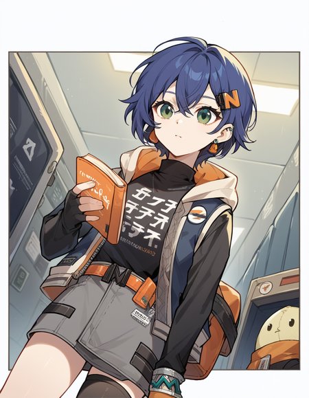 score_9, score_8_up, score_7_up, source_anime, <lora:zzz-belle-ponyxl-lora-nochekaiser:1>, belle, blue hair, green eyes, hair ornament, short hair,, belt, black shirt, black thighhighs, clothes writing, earrings, fingerless gloves, gloves, grey shorts, jewelry, long sleeves, orange belt, orange flower, orange socks, shirt, single fingerless glove, single thighhigh, jacket, hoodie, turtleneck,, airport, waiting area, suitcase, flight delayed, passengers, reading book, cowboy shot, dutch angle