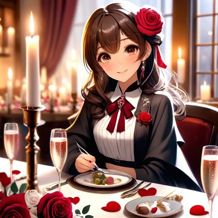 ValentinesDateSDXL,1girl,solo,long hair,cute face,(((whole upper body))),(((Whole head in frame))), (((whole face in frame))), uneven hairline, thick hair,flooking at viewer,blush,smile,bangs,brown hair,shirt,ribbon,jewelry,sitting,jacket,white shirt,flower,earrings,food,cup,petals,black ribbon,neck ribbon,depth of field,rose,table,bottle,knife,red flower,plate,champagne,drinking glass,red rose,fork,candle,wine glass, fancy champagne glass,candlestand,champagne flute,champagne,pov across table ,valentine,valentine style,nice hands, <lora:KataraV2:0.8> katara, <lora:ValentinesDateSDXL:1>,valentine style,fancy  champagne