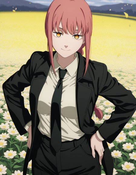 masterpiece, best quality, amazing quality,, <lora:chainsawman-makima-s1-illustriousxl-lora-nochekaiser:1>, makima, makima (chainsaw man), long hair, bangs, yellow eyes, braid, red hair, braided ponytail, ringed eyes, mature female, medium breasts, anime screencap, shirt, long sleeves, jacket, white shirt, necktie, collared shirt, pants, black jacket, black pants, formal, suit, black necktie, shirt tucked in, office lady,, smug, hands on own hip,, flower field, colorful, petals, scent, bloom, cowboy shot, solo, looking at viewer