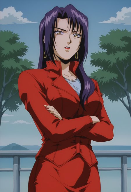 <lora:Inmu-Ikenie_no_Utage_1:0.8>,1girl,solo,Inmu,mature female,long hair,purple hair,grey eyes,breasts,anime coloring,retro artstyle,formal,red jacket,red pencil skirt,looking at viewer, crossed arms, cowboy shot, outdoors