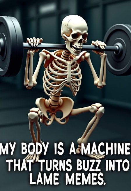 A realistic gym background with a semi-realistic skeleton viewed from the side, squatting with a barbell. Barbell is on the skeleton's shoulders. Zoom in on skeleton. The skeleton has its mouth open as if in effort. At the bottom of the image there are meme letters spelling out "My body is a machine that turns buzz into lame memes.” The text should be in bold, clear letters, prominently displayed to be legible and integrated into the scene.