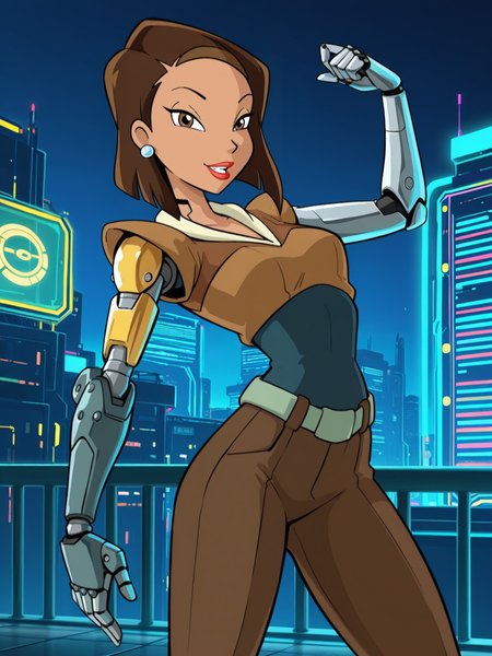 <lora:Bloom_motherIL:0.7> b_m, 1girl, short hair, brown hair, brown eyes, red lips, earrings,
looking at viewer, cyberpunk, augmentations, prosthetic, metal arm, difficult background, at night, dynamic pose,