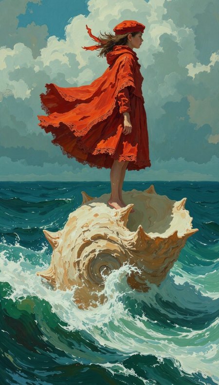 This whimsical and surreal image captures a delicate balance between calm and chaos. The vibrant red of the girl's dress provides a striking focal point, symbolizing strength or individuality against the cool, muted tones of the ocean and sky. The intricate textures of the dress and shell add richness, while the dynamic scarf and windswept elements suggest movement and vitality. The overall mood is dreamlike, evoking a fairytale-like narrative of solitude, courage, and connection to the natural world.