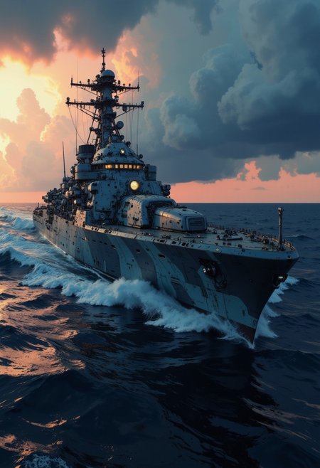 in the style of ck-mgs, in the style of cksc, a_skynet_cyberdyne_craft, the image is featuring a futuristic, highly advanced battle cruiser speeding rapidly over a stormy ocean, storm clouds, silhouetted, chiascuro, sunset. The warship is painted in camouflage blue and black, and the cockpit shows glowing led lights, and has a large air intake, dutch angle, the image slanted diagonally, motion blur