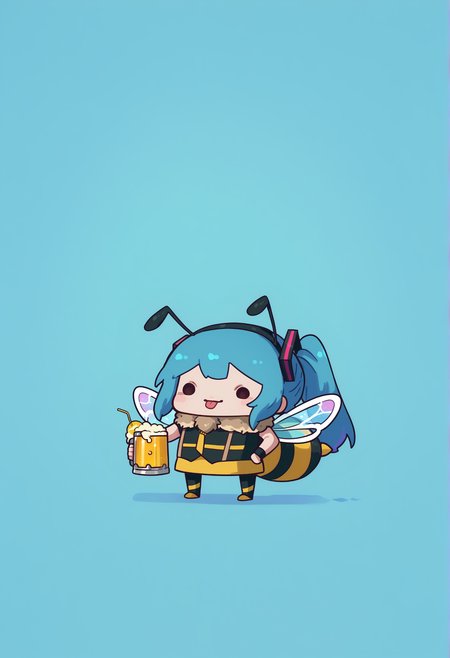 (score_10,score_9_up,score_8_up,score_7_up), miku,honeybee, antennae, bee costume,blue hair, long hair, ponytail, vocaloid, hatsune_miku, (chibi:1.2),  slim, yellow skirt,phdpigeon,hold beer,tongue out, simple background,==,