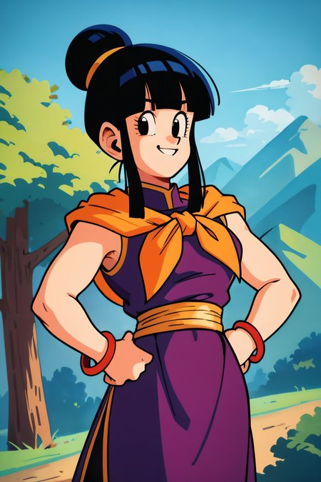 zPDXL3, <lora:CitronAnimeTreasure:.8>, <lora:chichi_pony_v3e20:.6>
 chi-chi, black hair, blunt bangs, sidelocks,single hair bun, black eyes, sleeveless, bracelet, red trim, purple chinese dress, side slit, orange neckerchief, orange sash, looking at viewer, smiling, standing, hands on hips, outside, mountain, trees, blue sky,