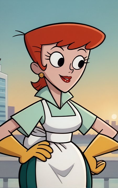 score_9, score_8_up, score_7_up, BREAK
MainOutfit_DextersMom_ownwaifu, 
1girl, aqua shirt, breasts, collared shirt, earrings, eyelashes, green leggings, narrow waist, oven mitts, red hair, red lips, short hair, thick thighs, white apron, wide hips, yellow gloves, jewelry, lipstick, makeup, apron, black eyes, short sleeves,
(contrapposto, hand on hip), sunset, sidelighting, cityscape, vanishing point, outdoors, <lora:PONYXL_MOM_DextersMom_ownwaifu:1> , depth of field, solo,