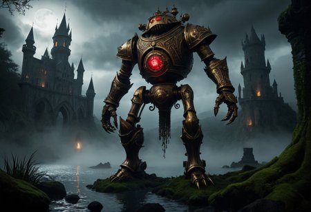 giant bipedal robot brass and dark ivory and red striped paint, bronze paisley robot. lacy robot metal. spiked helmet head. outside of a steampunk keep. large detailed torso. dark image. one forty foot tall ancient robot with great arms and two heavy spring legs. dark foggy night background. $dark foggy night image only. dark photo realistic image. steampunk details. cogs, chains and pipes incorporated in the fantasy buildings. magic wizards tower in background. Dark swamp, moss, castle ruins, wizards tower. stormy dark night.  stormy sky.  rain