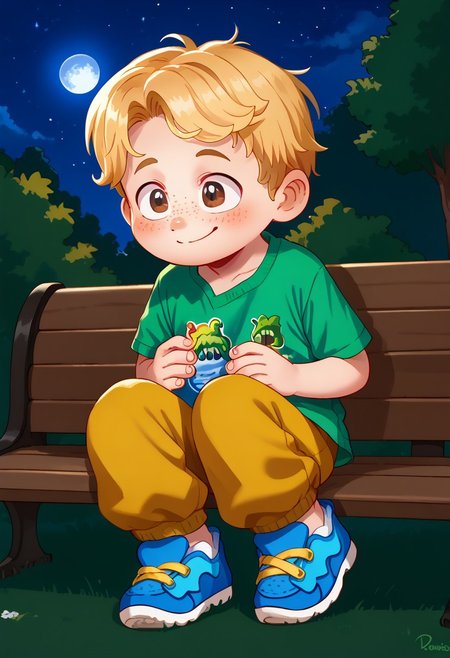 score_9, score_8_up, score_7_up, highly detailed, CuteCartoonStyle, cute boy, 1boy, solo, Aaron Mitchell, fair skin, shaggy, blonde hair, brown eyes, freckles. green t-shirt, dinosaurs shirt, blue and yellow strap sneakers, at night, full moon, sitted, bench, embarassed smile, half closed eyes, floating hearts, blushing, park, 
DSCStyle, round eyes, exaggerated proportions, cartoonish features, anime-inspired, cute aesthetics, cartoonish proportions, highlights,smooth lines, glossy highlights, minimal detail, clean outlines, consistent line weight, gentle highlights