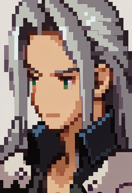 score_9, score_8_up, score_7_up, source_anime, BREAK, solo, 1boy,  smirk, <lora:FF-Tactics-Portraits-pdxl_Fp:1>, simple background, portrait, pixel art,  <lora:FFVII_Sephiroth_V1.0:1>, sephiroth, official outfit grey hair, long hair, very long hair, parted bangs, armor, open clothes, shoulder armor, long sleeves, pectorals, black jacket, jacket, black gloves, high collar, long bangs, black coat, green eyes, slit pupils