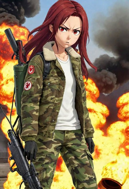 <lora:Ami_Arakawa:.7>,soldier,cargo pants,camo jacket,(angry determination),flamethrower gun,flamethrower:1.2,