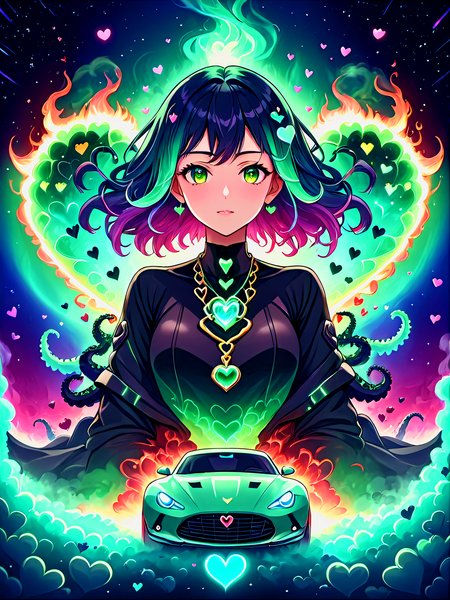 yamer_passione, heart, Futuristic utopia, Adventure, Aether, Kraken, Car, Nebula, Verdant, Canvas, Spontaneous Human Combustion, Voyage, Lovely, solo, jewelry, necklace, upper body, gradient background, gradient, (cartoon style, anime style), <lora:Passione:1>