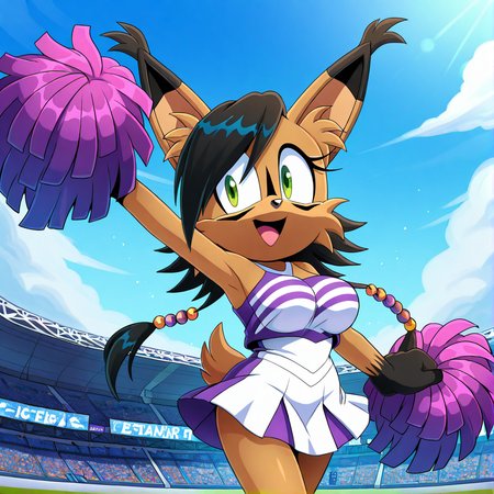 <lora:nicole_lynx_illustrious-000010:1>,  (masterpiece), (best quality), (ultra-detailed), amazing quality, very aesthetic, illustration, perfect composition, intricate details, absurdres, incredibly absurdres, nicole the lynx, black hair, green eyes,, cheering outside stadium, wearing cheerleader uniform, large breasts ,sonic the hedgehog \(series\), furry, furry female, animal ears, animal nose, animal ear fluff, solo, body fur, brown fur, facial markings, green eyes