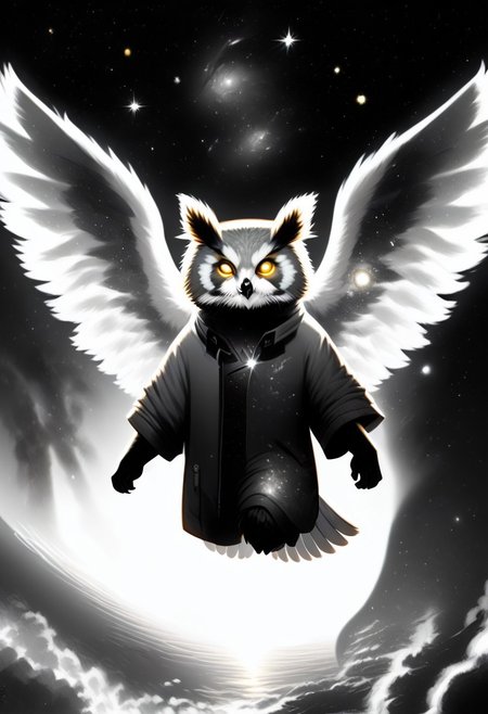 Score_9, Score_8_up, Score_7_up, lora:Navi_Celestial_Skin_PonyXL:1.1 nv-celestialskin, redpandafolk, rabbitfolk, owlfolk, foxfolk, sketch, monochrome, greyscale, YR_GradLight, 0u73r5p4c3, space, planet, nebula, galaxy, asteroid, GalaxyTelepurteSDXL, StarrySkies, scenery, stars (sky), background, night sky, vibrant colored skin, void cosmic body, deep black skin, ethereal silhouette, nebula patterns, animal theme focus, majestic owl