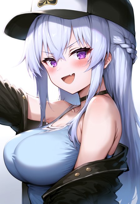 score_9, score_8_up, score_7_up, score_6_up, score_5_up, score_4_up, 
refraction, caustics, rim lights, backlighting, bloom, 
BREAK
source_anime, white background, simple background, gradient background, 
BREAK
1girl, :d, selfie, (grin:0.8), open mouth, (skin fang:0.85), 
arm up, blush, braid, long hair, single sidelock, 
purple eyes, white hair, hair between eyes, messy hair, (half-closed eyes:0.75), smug, 
bare shoulders, large breasts, 
tank top, single off shoulder, black jacket, baseball cap, 
black choker, 
looking at viewer, from side, looking back, 
<lora:Haoni-v2b-PDXL:1>