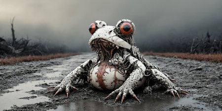 An image of a frog, ivory, black and crimson colors, soft features, sitting on a muddy rural cobblestone-road at dusk.