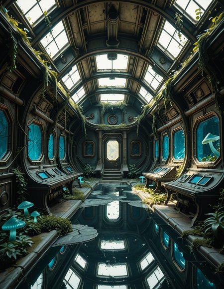 The interior of an ancient abandoned spaceship, overtaken by lush vegetation. The walls and ceiling are covered in thick, twisting vines and moss. Strange alien plants glow faintly in shades of blue and green, casting an eerie, mystical light across the metallic surfaces. Rusted control panels and shattered glass windows hint at a long-forgotten past. The floor is cracked and partially flooded with still, reflective water. Patches of bioluminescent fungi cling to the corners, adding a surreal atmosphere. The air feels heavy with moisture, and beams of soft, diffused light filter through holes in the hull, creating dramatic shafts of light and shadow. The overall style is hyper-realistic, rich in textures, with a cinematic and slightly melancholic mood.<lora:SDXLFaeTastic2400:0.4> <lora:extremely_detailed:0.4> extremely detailed,ancient abandoned sp4c3sh1p, <lora:ancient_abandoned_sp4c3sh1p-i:1>, Masterpiece,best quality,hi res,8k,hi res,8k,award winning,(sharp focus, intricate, highly detailed),