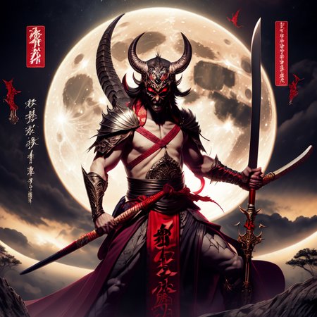 photo, an illustration of a demon holding a sword in front of a full moon (FantasyDaimyo style:1)  <lora:djzFantasyDaimyoV21:0.8>