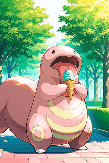 masterpiece, best quality,   Lickitung, no humans, pokemon (creature),  <lora:LickitungPokedexIXL:1.0>,   eating ice cream, playful expression, park background, sunny day, vibrant colors, detailed and fun, soft lighting, whimsical atmosphere