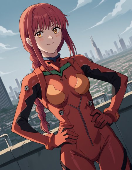 score_9, score_8_up, score_7_up, source_anime, makima, <lora:chainsaw-man-makima-s1-ponyxl-lora-nochekaiser:1> makima, long hair, smile, bangs, yellow eyes, braid, red hair, braided ponytail, ringed eyes,, <lora:souryuu-asuka-langley-cosplay-ponyxl-lora-nochekaiser:1>, souryuuasukalangleycosplay, souryuu asuka langley \(cosplay\), bodysuit, pilot suit, plugsuit, red bodysuit, interface headset,, cityscape, smile, blush, hands on hips,, cowboy shot, dutch angle,