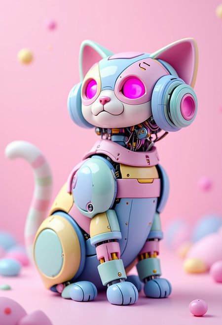 ajpasbot. This is a vibrant, highly detailed digital illustration of a whimsical, anthropomorphic cat robot. The cat, designed with a pastel color scheme, features a sleek, segmented body made of interlocking, colorful mechanical parts. Its body is a blend of soft pastel hues including pink, blue, yellow, and mint green. The robot's eyes are large, round, and glowing with a bright, neon pink hue, giving it a cute and futuristic appearance. The cat robot is wearing a small, round helmet with a pink visor and large, circular headphones on its head, adding to its robotic aesthetic. Its ears are perked up, and it has a small, expressive mouth. The robot’s tail is long and segmented, matching the color scheme of its body. The background is a fantastical, dreamlike setting with a soft, pastel color palette.