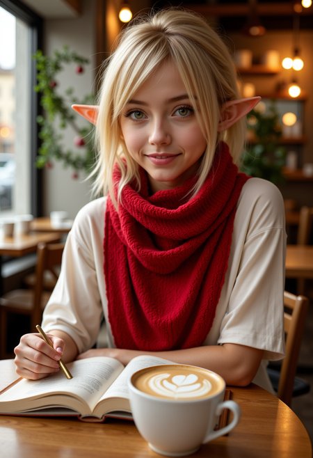 midshot,She is approximately 18 years old. Hyperrealism, she is looking at the camera, (dynamic angles), profile headshots of a beautiful, stunning unique female character. she has blonde hair. her eyes are green and filled with joy and excitement, extravagant eyelashes, she has elf ears. a photo of a N1n@_SpQ, she is wearing a red scarf, and a white shirt. She is sitting in a café, indoors, reading a book, with a cup of coffee sitting on the table in front of her. The café is decorated for Christmas.  The woman is posing confidently. She has a slight smile on her face and is looking directly at the camera. making this image a masterpiece of photography and digital art. realistic. making this image a masterpiece of photography and digital art. Style: realistic hyper-detailed rendering, 32k UHD, expressive eyes, punk, graphic design, girl's face, pretty and cute, gleaming lips, telling a tale of adventure. Exuding confidence and serenity. The overall mood of the image is happy and relaxed,detailed skin texture,(blush:0.2),(goosebumps:0.3),subsurface scattering,whimsical,Detailed hand, Perfect hand. Perfection style.