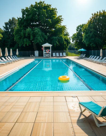 A large public swimming pool on a sunny day, completely empty of people. The clear blue water is still, reflecting the bright sky. Sunlight creates shimmering patterns on the tiled pool floor. The pool deck is lined with neatly arranged lounge chairs and colorful umbrellas. A lifeguard chair stands vacant at the poolside. Surrounding the area, lush green trees and well-maintained landscaping add a sense of tranquility. The atmosphere is calm and serene, with no movement except for the gentle ripples in the water.
<lora:SDXLFaeTastic2400:0.4> <lora:extremely_detailed:0.4> extremely detailed, <lora:public_swimming_p00l:1>,public swimming p00l, Masterpiece,best quality,hi res,8k,hi res,8k,award winning,(sharp focus, intricate, highly detailed),