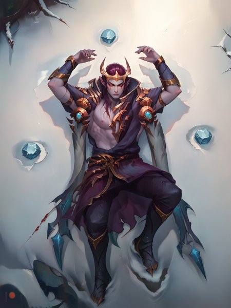 score_9, score_8_up, score_7_up, BREAK, ApheliosNB, 1man, solo, purple hair, golden horned crown, red marks under eyes, purple robe with golden armor, two scarfs on shoulders, golden bracer, dark pants, dark boots, lying on snow, blizzard, ice mountains, blood drops on body, g0thicPXL, full body, hands above head,<lora:ApheliosNB:1>  <lora:g0th1cPXL:0.75>  <lora:Concept Art Style SDXL_LoRA_Pony Diffusion V6 XL:0.6>