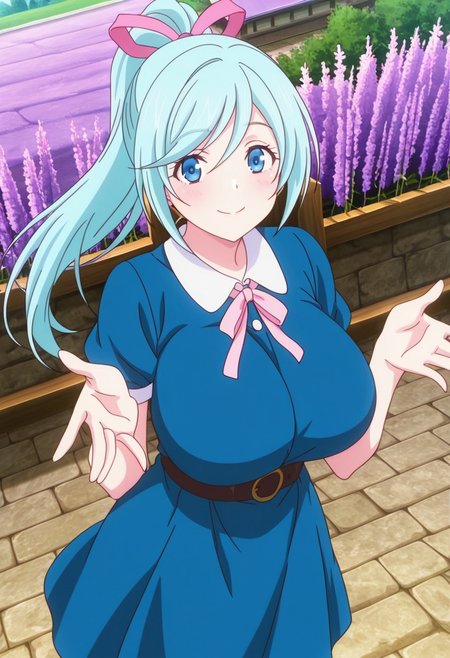general,highres, ultra-detailed,very aesthetic,best quality ,best hands,best eyes,easynegative,
dynamic anglre, dutch angle, anime cloring,anime screencap,
1girl solo,looking at viewer,village,outdoors,smile,
Lavender,light blue hair,blue eyes,huge breasts,ponytail,hair ribbon,pink ribbon,dress,