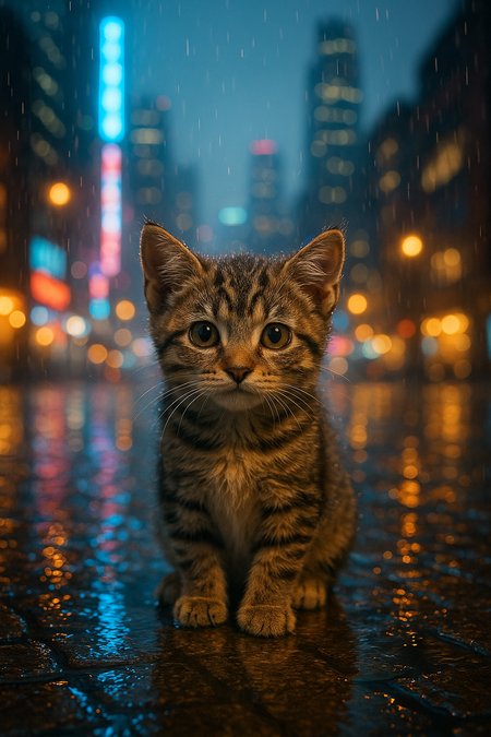 Ultra-detailed, young tabby kitten sitting on rain-soaked cobblestone pavement in the heart of a neon-lit city at night. The kitten’s damp fur glistens with raindrops, its large inquisitive eyes reflecting the warm glow of streetlights and cool neon signs. In the soft-focus background, towering skyscrapers and colorful signs blur into bokeh, while falling rain creates dynamic streaks of light and sharp reflections on the wet ground. Shot as if with an 85 mm lens at f/1.8 for shallow depth of field, emphasizing the kitten in crisp detail against an atmospheric urban backdrop. 8K resolution, masterpiece.  
