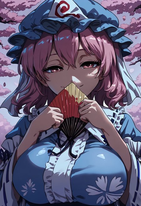 score 9, score 8 up, score 7 up, rating PG, 
detailed background, cherry tree background, smiling, 
 <lora:yuyuko.pony:1>, night background
yuyuko, 
large breasts, shiny skin, 
paper fan, covering mouth, half-closed eyes,