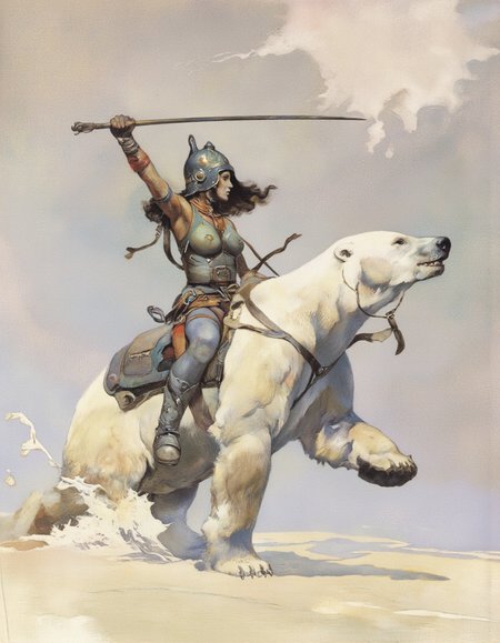 Art by Frank Frazetta. 
A painting of a woman warrior riding a polar bear.